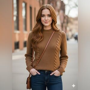 Vintage 1960s Wool Cable Knit Sweater Women’s S Brown Mod Retro